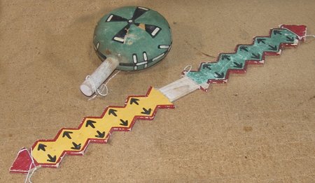 Hopi Wand/Rattle Set: Rare Hopi hand carved and painted dancers wand and gourd rattle. Good used condition. Circa: 1940s Size: 29" wand, 12" x 7" rattle