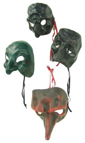 4 Italian Opera Masks: Set of four authentic hand crafted paper mache' masks "Pantalone," "Zani," "Brighella," and "Pulcinella." Very good condition. Ex: Watts collection, with provenance. Circa: Mid/Late 1900s Size: 8" x 7