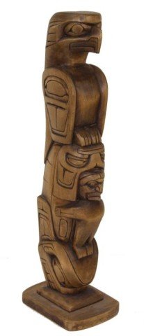 Northwest Coast Totem Pole- D. Dawson: Beautiful deep-relief carved "eagle, whale, man" alder wood carving. Very good condition. Circa: 1997 Size: 13" tall