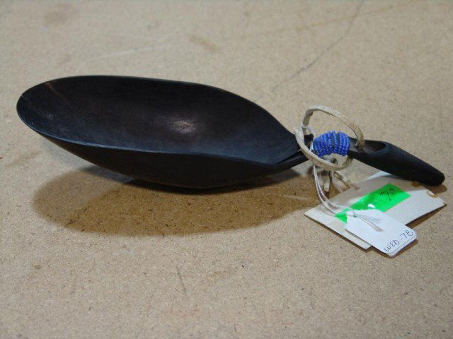 Horn Spoon: Plains buffalo horn spoon with beaded handle,some splitting on handle Size: 11" long