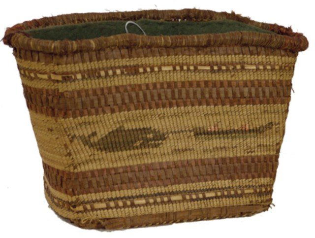 Nuu Chah Nulth Basket: Traditional rather large rectangular storage basket lined with felt and with whaling scene design. Good condition, rim and bottom damage. Circa: Early to mid 1900s Size: 5" x 15" x 8" tall
