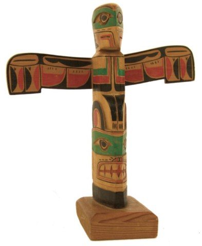 Northwest Coast Model Totem Pole - Robert Fuller: Small hand carved and painted tourist pole with thunderbird and bear figures. Very good condition. Circa: 1960s Size: 6-1/2"