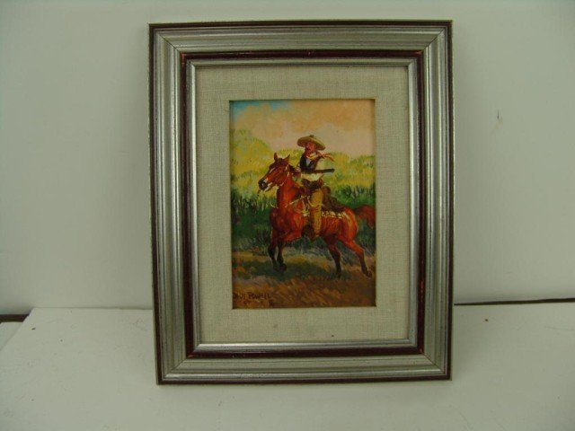 Oil on Board - Dave Powell (B. 1957): Signed original oil on board "Carrying the badge." Circa: Early 2000 Size: 6-1/2" x 4-1/2" (12" x 9-1/2")