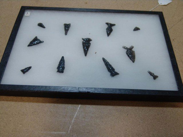 Frame of Points: Framed collection of 11 miscellaneous obsidian points. Size: 2-1/2" longest