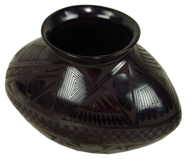 Mata Ortiz Pottery Jar - J. Manuel Reyes: Beautiful thin walled black on black oval shaped vessel with intricate designs. Very good condition. Circa: Late 1900s Size: 6-1/2" x 10" x 6"