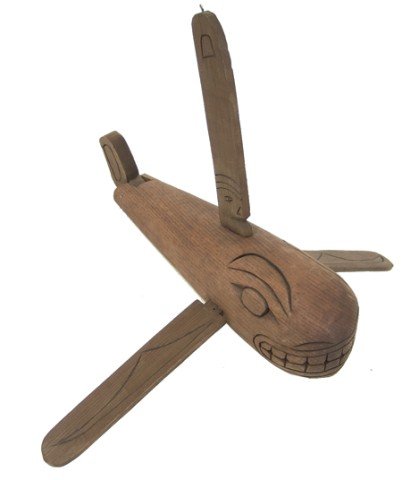 Northwest Coast Carving - Ed Raub: Original hand carved red cedar suspended hanging with articulating tail and removable fins. Very good condition, hangs from the ceiling. Circa: Late 1900s Size: main body 4" x 12-1/2"