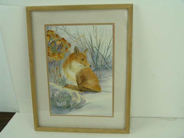 Original Art - Gigi: Framed and matted original artwork depicting a red fox in winter and signed "Gigi" Size: 13-1/2" x 10" (19" x 15")