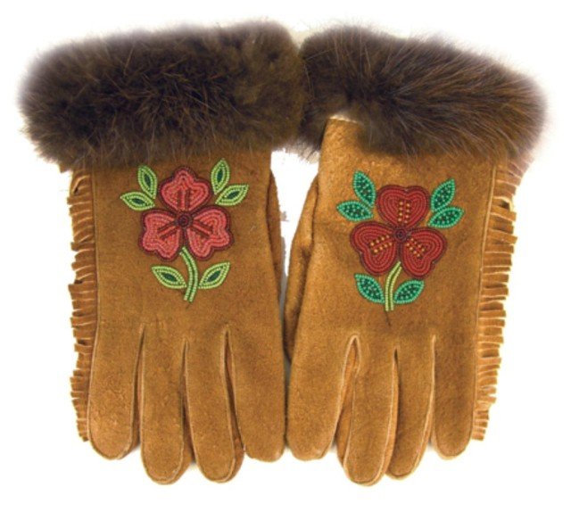 Cree Beaded Gloves: Traditional pair of fir trimmed sewn moose hide gloves with beautiful beaded flowers on the backs. Excellent condition. Circa: 1980s Size: 4-1/2" x 10-1/2"