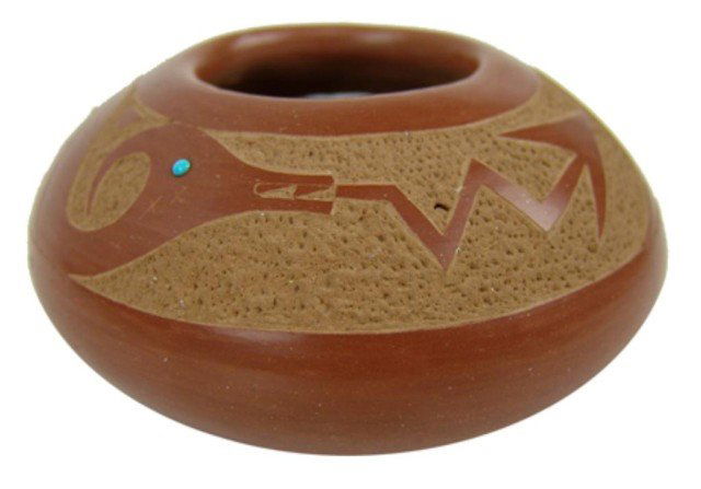 San Ildefonso Pottery Jar - Juan Tafoya: Small redware seed jar with fine encircling avanyu figure done in sgrafitto style. Very good condition, signed. Circa: 1992 Size: 2-1/4" x 4"