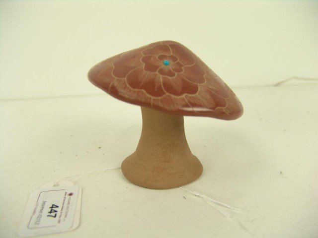 Santa Clara Pottery Mushroom- Julie Guitierrez: Unique design sgraffitto redware pottery mushroom with floral motif and 2 turquoise cabazons. Very good condition. Circa: Late 1900s Size: 3-1/2" x 4-1/4"