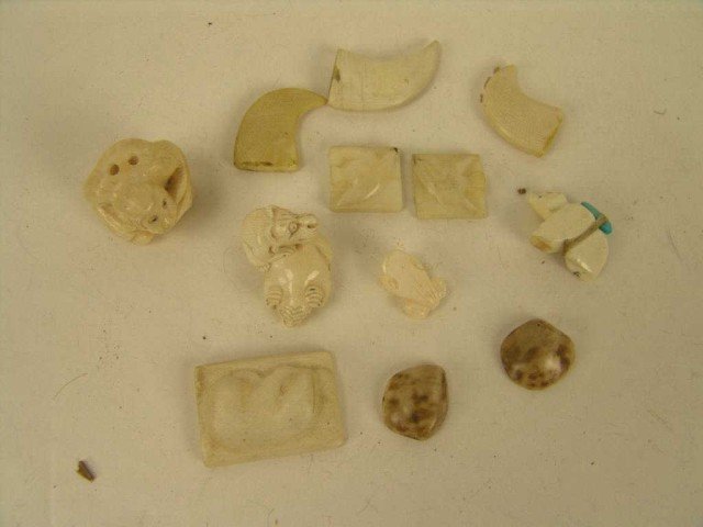 Ivory Fetish Collection: Bagged collection of 12 ivory fetishes including several fangs (or teeth), bear with medicine, 2 bird tiles, frog, and 2 monkies (1 with a friend). Size: longest 1-3/8"