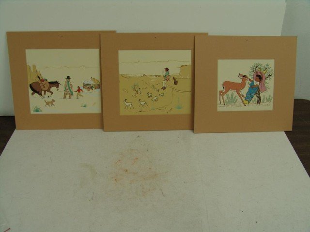 Robert Chee / Harrison Begay: 2 early Robert Chee silk screens and 1 Harrison Begay. Circa: Mid 1900s Size: 10" x 10" each