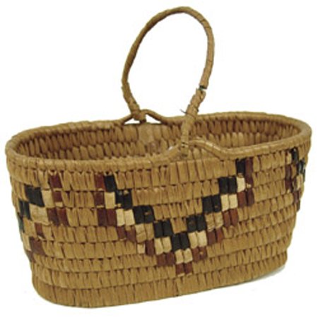 Thompson River Basket: 1930s, Small oval shaped basket with handle and imbricated exterior designs. Very good condition, very minor stitch loss. 4" x 8" x 4"