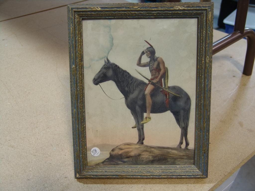 Early Image of Indian: Colorized image of Indian on horseback. Writing on back says "2nd hand store, 9-20-66". Image with some water mark in upper left. Size: 10-1/2" X 13-1/2"