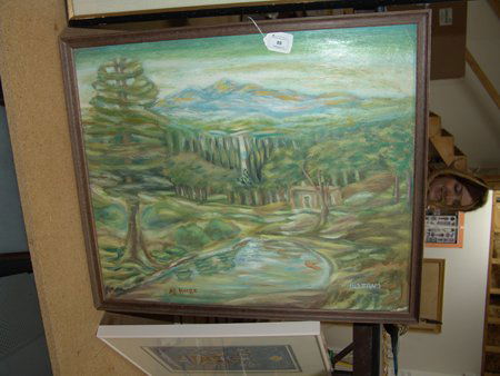 Emil Bisttram (1895-1976) & Al Moore (20th cent.): Double signed original oil - used as an instructional example in the artist's school in Taos in the 1930s. Co-painted by Emil Bisttram and Al Moore. Circa: 1930s Size: 20" x 24" (22" x 25")