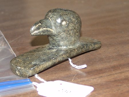 Bird Pipe: Hand carved all stone bird platform pipe of Mound Builder design. Size: 4" x 1-1/2" x 2"