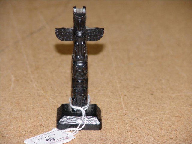Totem Pole: Cast Northwest Coast Boma miniature totem pole. Size: 4" tall