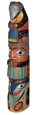 Northwest Coast Totem Pole: Large hand carved and painted red cedar pole with animal and humanoid figures and concave back. Very good condition. This is a well carved example with good detail. Circa: 1930s Size: 50"
