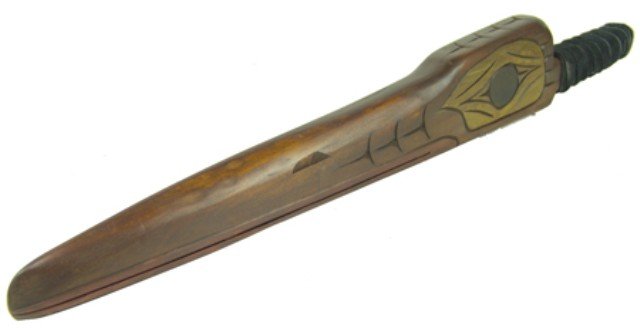 Northwest Coast Raven Rattle- Harvey John: Beautiful hand carved Nuu Chah Nulth long-beaked cedar dance rattle. Very good condition. Circa: 1980s Size: 22-1/2" x 3" x 1-1/2"