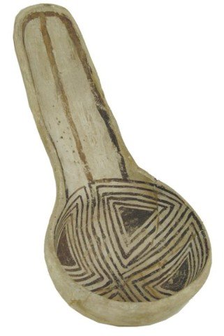 Anasazi Pottery Ladle: Traditional design black-on-white Red Mesa ladle with concave handle and fine line design. Very good condition, professional restoration. Circa: Prehistoric Size: 9" x 4-1/2"