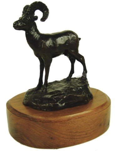 Earl Heikka: Popular limited edition (#5/100) solo ram bronze sculpture. Very good condition. Retail $600.00. Circa: 1927 (original) Size: 7" x 6" x 5"