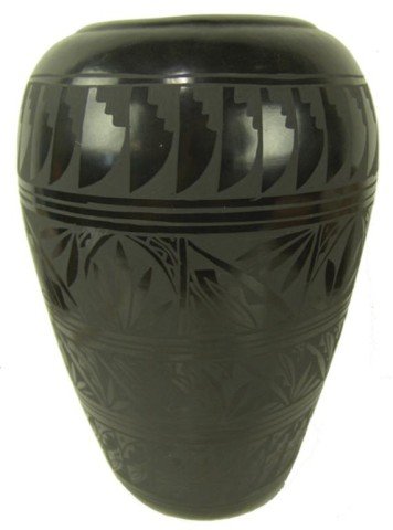 Blackmore Pottery Jar- Marvin Blackmore: Large and beautiful original design black-on-black pottery jar with elaborate 4-row design. Very good condition, minor scuffs. Circa: Late 1900s Size: 15" x 10"