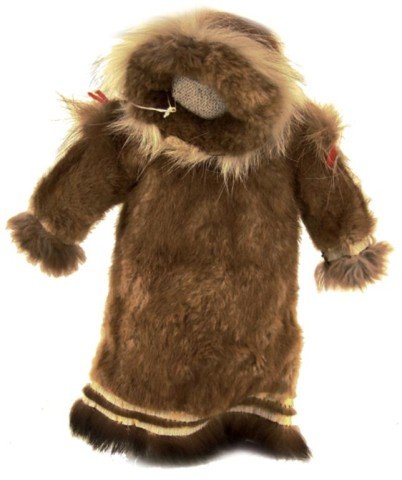 Eskimo Doll with Parka: Hand crafted traditional style parka made of muskrat, seal trim, caribou strip and wolf. Very good condition. Circa: Late 1900s Size: 10" x 13"