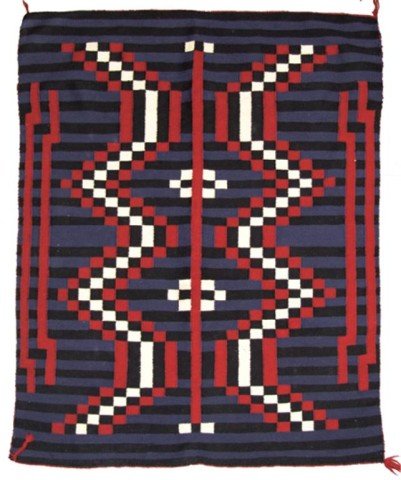 Navajo Rug/Weaving: Fine weave Moki red, white, blue, and black striped blanket with checkered forms. Very good condition. Circa: Late 1900s Size: 39" x 45"