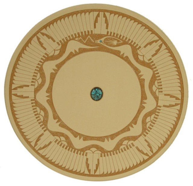 San Ildefonso Pottery Plate - John Gonzales: Very fine sgraffito plate with radiating feather designs and traditional avenyu figure, plus a set turquoise stone. Very good condition. Retail $1600.00 Circa: 1999 Size: 14"