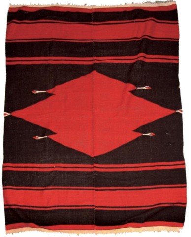 Vintage Mexican Weaving: Classic finer weave center seam blanket with large diamond and banded design. Good condition, intact; shows wear and use. Circa: 1940s Size: 62" x 76"
