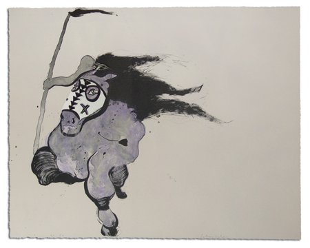 Fritz Scholder: 1972, Signed limited edition (#31/50) color lithograph of a warrior on horseback "Galloping Indian #2." Very good condition. 22" x 30" (28" x 36" framed)
