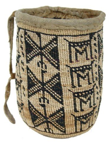 Wasco Sally Bag: Exceptional finely woven cylindrical bag with buckskin trim, covered with human figures, and elaborate traditional Wasco symbols. Like new condition, museum quality. Circa: 1940 Size: 4-1/2" x 7"