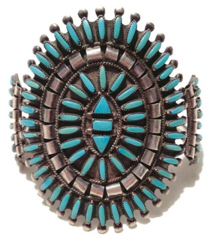 Zuni Bracelet - Beverly Etsate: Classic Zuni needlepoint turquoise cluster bracelet. Excellent condition. Circa: 1970s Size: 5-1/2" + 1-1/2" x 2-5/8"