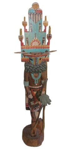 Hopi Katsina Carvings: Fantastic hand carved and painted "one piece" style back-to-back dolls done in great detail called "Home Dancers". Very good condition, very fine. Circa: 1980s Size: 22" tall