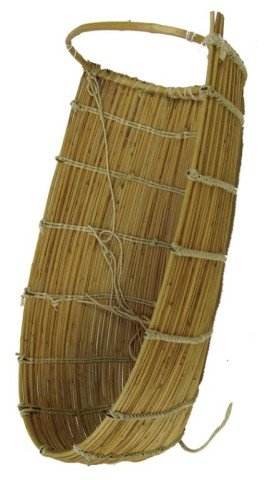 Pomo Basketry Cradle: Classic design U-shaped bent willow baby holder, woven and reinforced with string covered wire to retain shape. Very good condition. Circa: 1940s Size: 19" x 12'" x 6"
