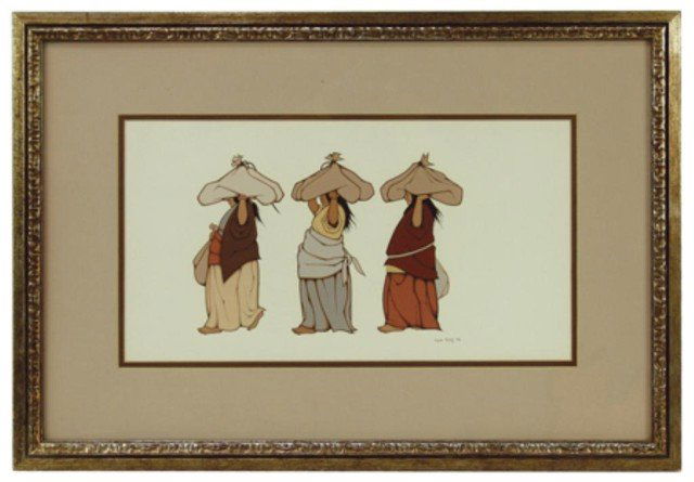 Valjean Hessing (b-1934): Signed original gouache work "The Load Bearers". Very good condition. Circa: 1976 Size: 9" x 16" (16" x 24"framed)