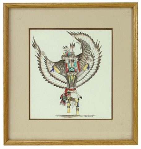 Richard Gorman (b-1962) Navajo: Signed original pen and watercolor "Eagle Dancers". Very good condition. Circa: 1989 Size: 13" x 11-1/2" (20" x 19" framed)