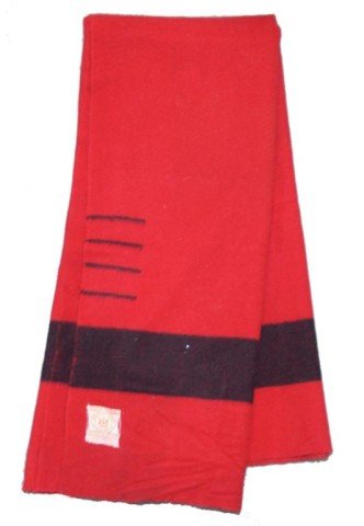 Hudson's Bay Point Blanket: Classic old red all wool 4-point blanket with black bands and original label. Good used condition. Circa: Early/Mid 1900s Size: 80" x 69"