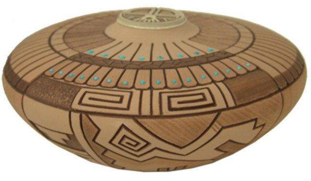 Hopi Pottery Jar- Tom Polacca: Contemporary original design large low profile seed pot with carved feather designs and set turquoise stones. Very good condition, minor handling. Circa: 1989 Size: 5" x 11"