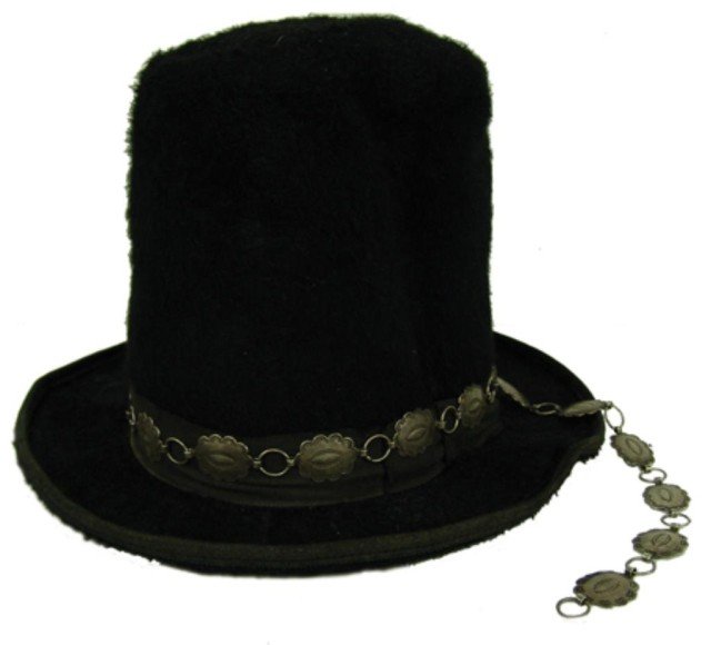 Antique Beaver Hat and Band: Classic old beaver felt tall "bowler" style hat (size 7-1/4) with a stamped silver concho belt hat band. Very good condition, shows some wear. Circa: 1930 Size: 8" x 11"