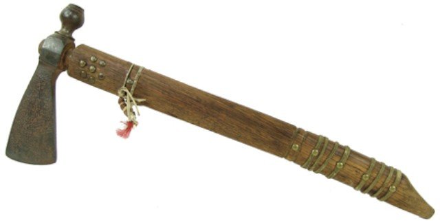 Iron Pipe/Tomahawk: Classic old style brass tacked oak stem/handle with an iron blade and bowl head. Very good condition. Circa: Late 1900s Size: 18" x 7"