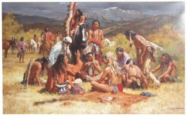 Howard Terpning (b-1927): Signed limited edition (#57/950) high quality lithograph "Council of Chiefs". Very good condition. Circa: Late 1900s Size: 22" x 36" (29" x 43")