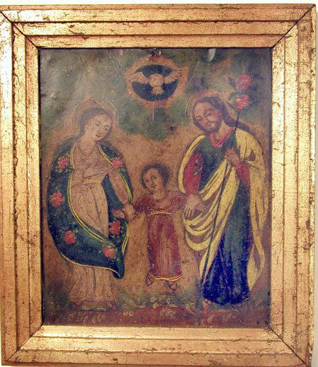 Mexican Retablo: Beautiful old hand painted tin retablo depicting the Holy Family, in old handmade gilt wooden frame - Chiapas Mexico. 13" x 15" Mid 19th Century
