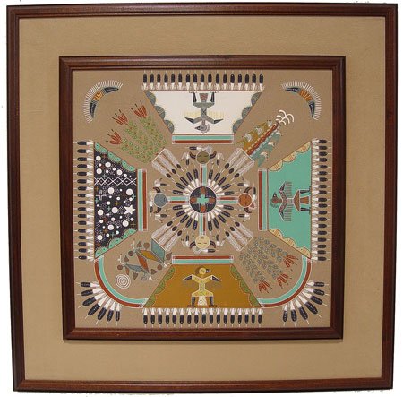 Wilford Ben: Fantastic, finely detailed, natural color sand stone painting of the Four Seasons by one of the famous Ben family sand painters. 17-3/4" x 18-1/4" (27-1/2" x 27-1/2" framed) Circa 1980