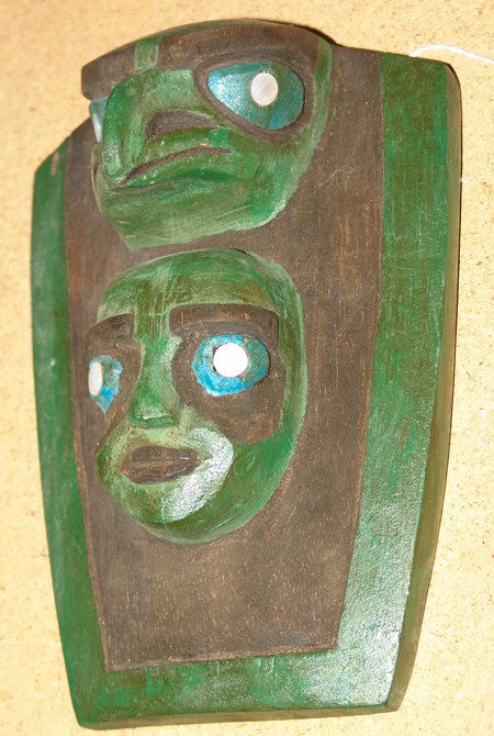 NWC Frontlet: Northwest Coast carved alderwood frontlet with inlaid abalone eyes. 9-1/2" x 7"
