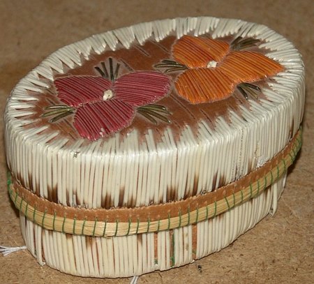 Quilled Basket: Fully quilled geo void birch bark basket, a few missing quills. 2" x 4-1/2"