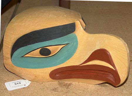 Hoffman eagle forehead mask yellow cedar: Beautiful Northwest Coast eagle mask, signed "Dave H. 1994." 5" x 9" x 6-1/4"