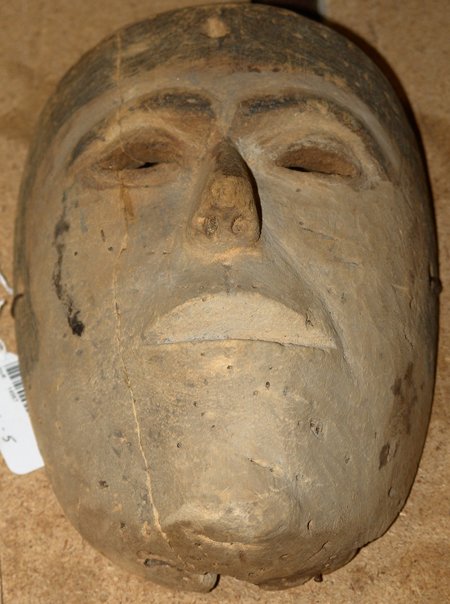 Wood Mask: Cherokee antique buckeye wood mask with worm holes. Size: 6-1/2" x 8"