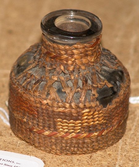 Ink Bottle: Very rare Tlingit basketry-covered inkwell jar. 2 x 1 3/4"