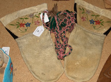 Northern Cree Emroidered Mittens: Classic pair of Cree moosehide mittens and buckskin uppers with fine embroidered florals and velvet trim. Very good condition. Women's L/XL